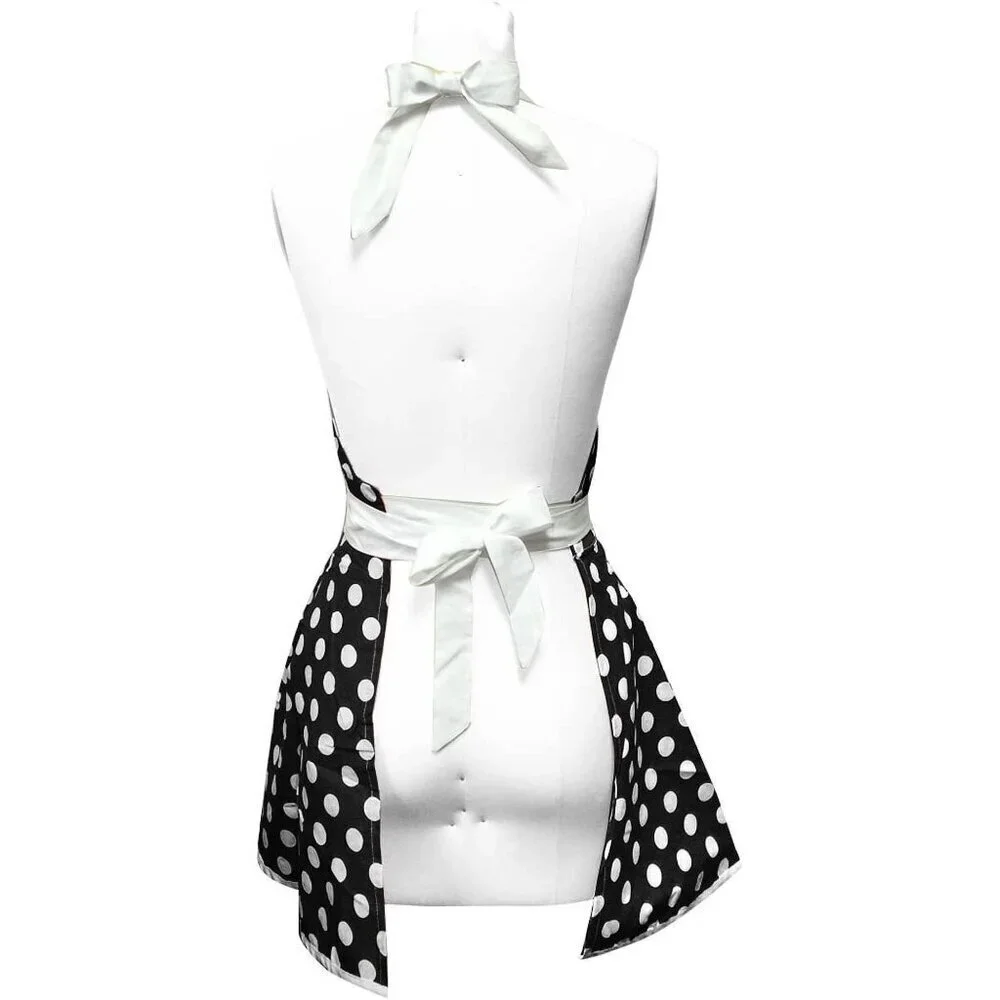 HYZRZ Polka Dot Apron with White Ties Sweetheart Neckline Pocket Adjustable
